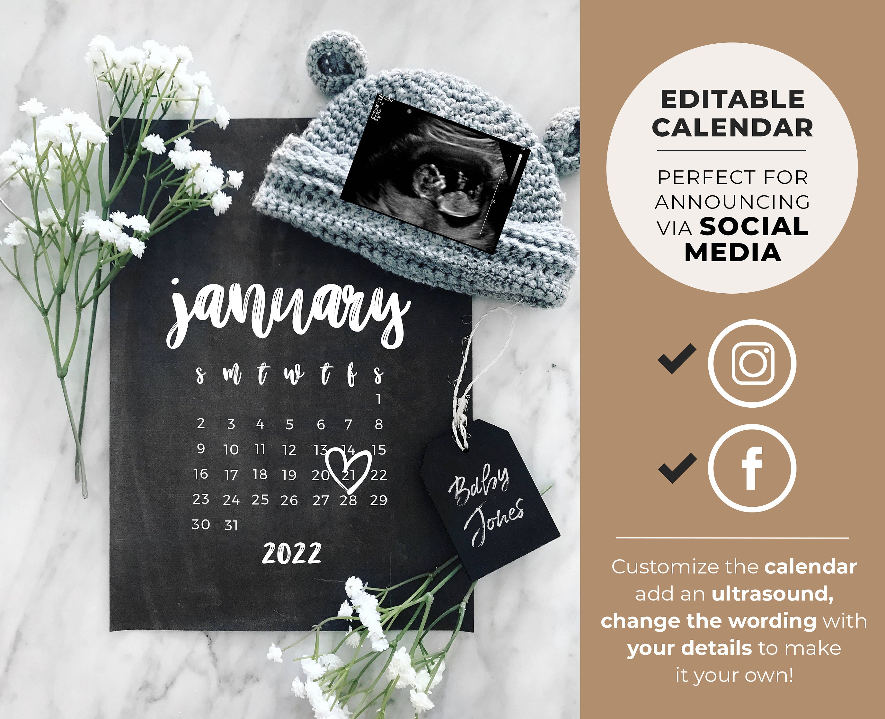 Pregnancy Announcement Digital, Social Media Due Date Calendar