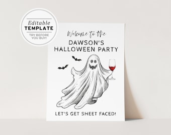 Let's Get Sheet Faced Halloween Party Welcome Sign Poster | EDITABLE TEMPLATE, Printable