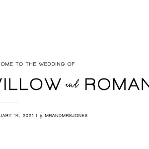 Może przedstawiać: Zaproszenie na ślub Willow i Romana, kt&oacute;ry odbędzie się 14 lutego 2021 roku, z hashtagiem #MRANDMRSJONES.