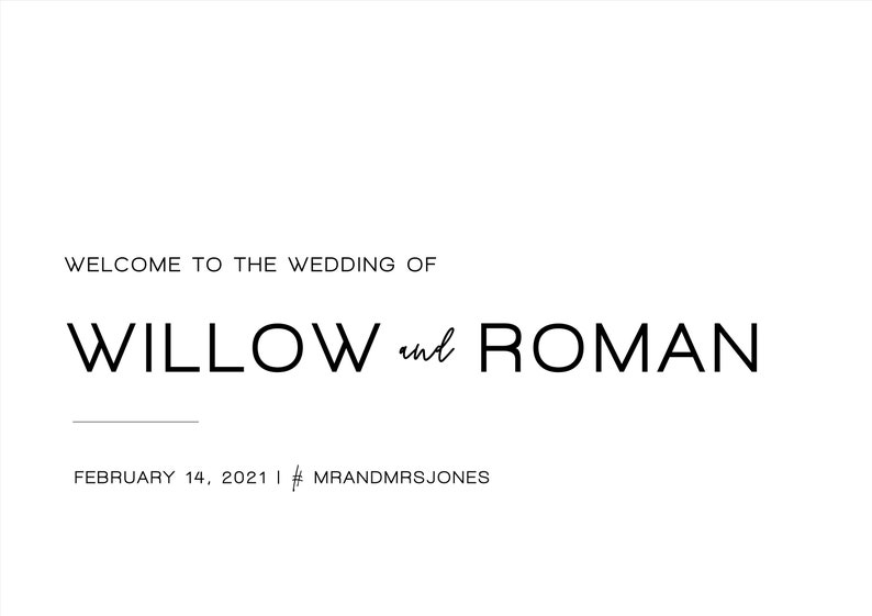 Może przedstawiać: Zaproszenie na ślub Willow i Romana, kt&oacute;ry odbędzie się 14 lutego 2021 roku, z hashtagiem #MRANDMRSJONES.