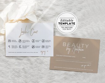 Nue Minimalist Lash Extension Care Card, Editable AfterCare Card, Lash Instructions | PRINTABLE EDITABLE TEMPLATE #052 #043