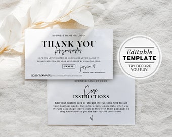 Minimalist Small Printable Thank You and Care Instructions Package Insert Template, Thank You For Your Purchase #055 #043 Mr White