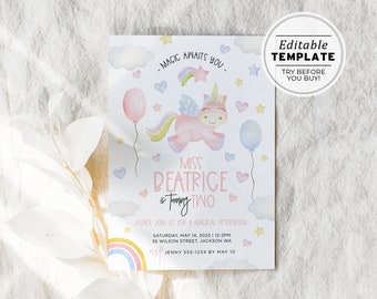 Miss Polly Unicorn Watercolor Birthday Invite, Unicorn Invite Template, Unicorn Birthday Party | EDITABLE TEMPLATE #083