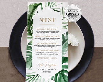 Tui Tropical Leaf & Gold Wedding Brunch Lunch Dinner Menu Tui Tropical Watercolor Leaf Party Printable Template #042