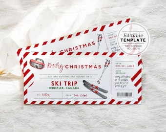 Printable Ski Pass Christmas Gift, Ski Trip Gift Voucher, Santa Gift Certificate, Ski Holiday, Editable Christmas Coupon Template #082 #091