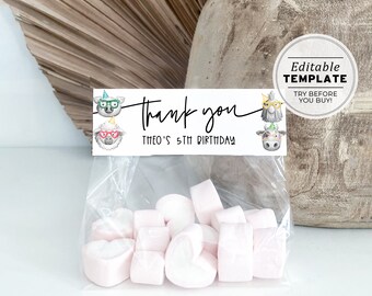 Party Farm Themed Party Treat Bag Topper, Barnyard Birthday Party Favors Bag, Thank You Bag Topper | PRINTABLE EDITABLE TEMPLATE #079