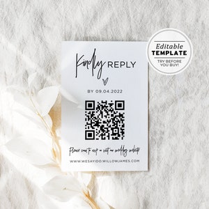 Rsvp Template, Wedding Rsvp Response Code, QR Code Response Card, Qr Code Rsvp, Rsvp Online, Printable | EDITABLE TEMPLATE #004 Juliette