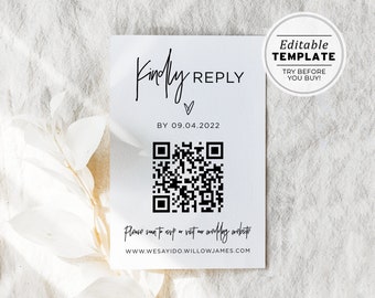 Plantilla Rsvp, Código de respuesta Rsvp de boda, Tarjeta de respuesta de código QR, Rsvp de código Qr, Rsvp en línea, PLANTILLA imprimible / EDITABLE #004 Juliette