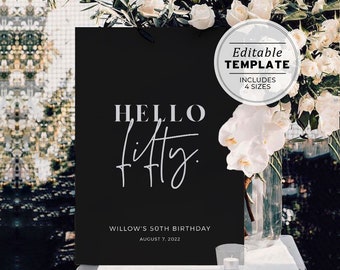 Willow Minimalist HELLO FIFTY 50th Birthday Party Welcome Sign | Editable Template, Printable #028