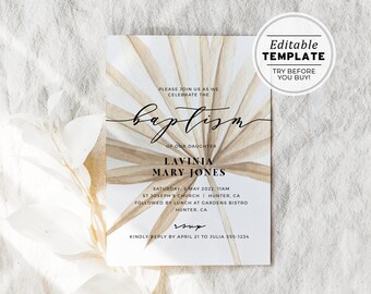 Dried Fan Palm Minimalist Christening, Baptism Editable Invite Template | EDITABLE TEMPLATE #031