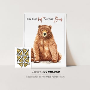 Brown Bear and Party Hat Kids Party Game Printable Poster, Birthday Party Game | INSTANT DOWNLOAD