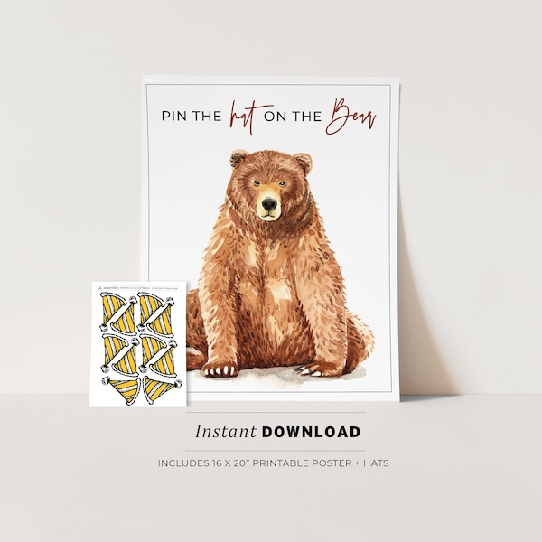 Brown Bear and Party Hat Kids Party Game Printable Poster, Birthday Party Game | INSTANT DOWNLOAD