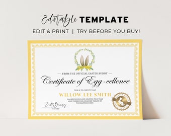 Printable Easter Bunny Certificate, Easter Bunny Certificate of Egg-cellence, From the desk of the Easter Bunny | EDITABLE TEMPLATE #099