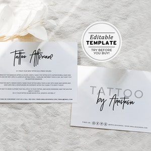 Op de afbeelding: Een zwart-witte printbare kaart met instructies voor de nazorg van een tatoeage met de tekst "Tattoo Aftercare" en instructies over hoe je voor een nieuwe tatoeage moet zorgen. De kaart bevat ook de tekst "Bewerkbare sjabloon" en "Probeer voordat je koopt!" in een cirkel. Onderaan de kaart staat de tekst "TATTOO by Anastasia" en contactgegevens voor sociale media.