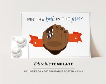 Kids Party Game, Pin the Baseball in the Glove Printable Poster, Birthday Party Game | EDITABLE TEMPLATE #016