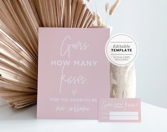 Blush Minimalist How Many Kisses Game Sign and Card, Printable Bridal Shower Game | EDITABLE TEMPLATE #035
