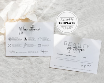 Juliette Minimalist Wax Aftercare and Appointment Card, Editable AfterCare Card | EDITABLE TEMPLATE #050 #043
