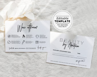 Juliette Minimalist Wax Aftercare and Appointment Card, Editable AfterCare Card | EDITABLE TEMPLATE #050 #043