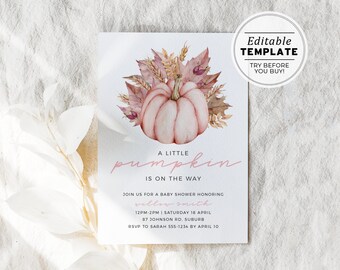 Floral Pink Pumpkin baby shower invitation Template, Fall Baby Shower invite, Editable Pumpkin invitation, Printable Gender Neutral Shower