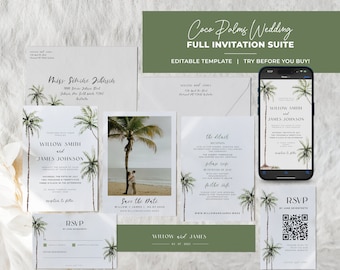Palm Tree Wedding Invitation Template, Destination Wedding Invite, RSVP, Save the Date, Printable Editable Template #111 Cocopalm