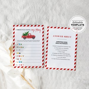 Può includere: Un gioco di Natale stampabile a strisce rosse e bianche con il titolo "Christmas Song Emoji Pictionary". Il gioco include un camioncino rosso con un albero di Natale sul retro. Il foglio delle risposte include un elenco di canzoni di Natale scritte con le emoji corrispondenti.