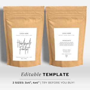 May include: Editable template for product packaging labels. The labels are on a brown paper bag background. The text on the label says "Logo Here", "Handmade Product", "Ingredients", "Cruelty Free Sulfate Free No Nasties", and "100% Made With".