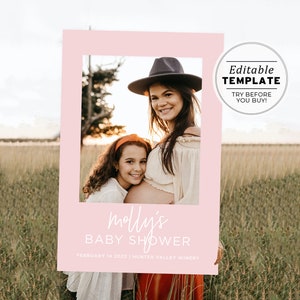 Blush Baby Shower Photo Booth Frame, Minimalist Baby Shower Photo Props, Baby Shower Photo Frame, Printable Editable Template #035