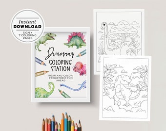 Dino Island Coloring Station Bundle Includes Sign and 7 Coloring Pages | INSTANT DOWNLOAD #046