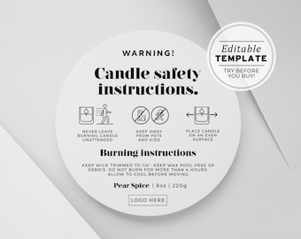 Minimalist Candle Warning Label Template, Printable Candle Safety Sticker, Sizes: 1.5in / 2in / 3in | EDITABLE TEMPLATE #055 #043 Mr White