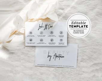 Juliette Minimalist Lash Lift Care Card, Editable AfterCare Card - Business Card Size| PRINTABLE EDITABLE TEMPLATE #050 #043