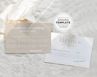 Eyebrow Threading Aftercare and Appointment Card, Aftercare Instructions | PRINTABLE EDITABLE TEMPLATE #053 #043 Scandi Minimalist