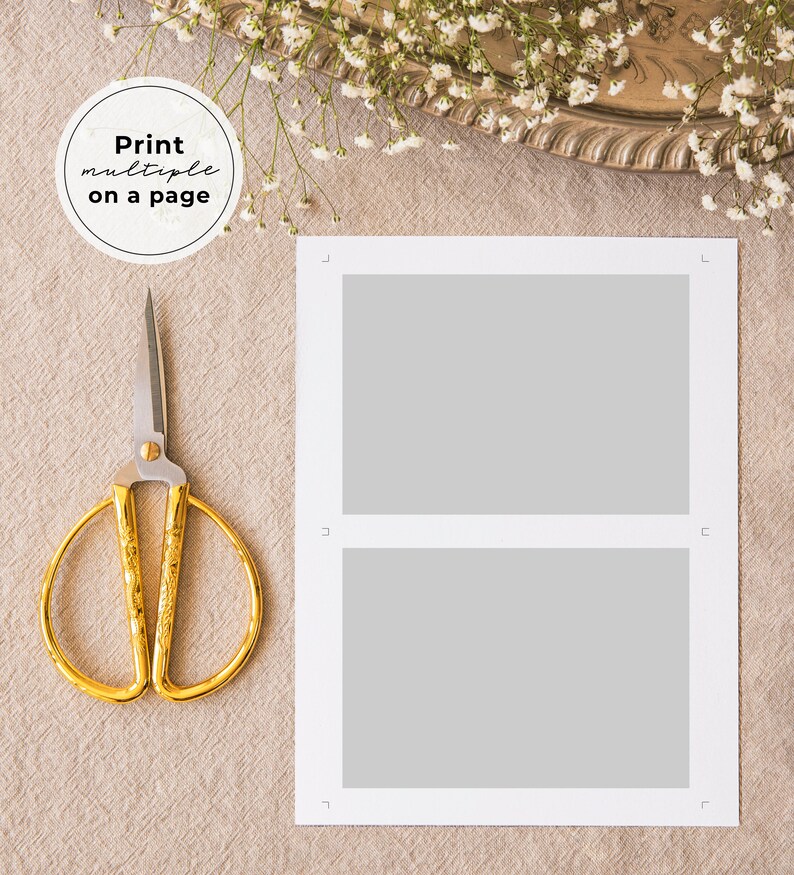 May include: A white card with two blank rectangular spaces for photos. The card is on a beige surface with a pair of gold scissors and a white flower arrangement.