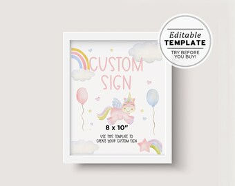 Miss Polly Watercolor Unicorn Theme Customizable Blank Sign Printable Template 8x10" #083