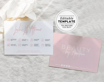 Blush Minimalist Lash Lift Care Card, Editable AfterCare Card, Lash Lift Card, Lash Instructions | EDITABLE TEMPLATE #051 #043