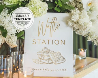 Juliette Gold Minimalist Waffle Station Sign, Printable | EDITABLE TEMPLATE #017