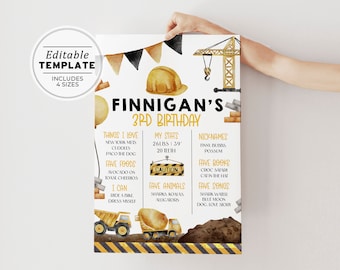 Construction Birthday Milestone Poster, Builder Birthday Party, Digger Birthday Party Poster, Printable Editable Template #109 Benson