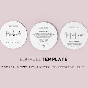 Ingredients Label Template, Round Jar Label, Product Label, Jar Sticker - 3 Sizes + 3 Styles - 2.25&quot;/2.5&quot;/2.75&quot; Printable Editable #050 #043