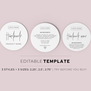 Ingredients Label Template, Round Jar Label, Product Label, Jar Sticker - 3 Sizes + 3 Styles - 2.25"/2.5"/2.75" Printable Editable #050 #043