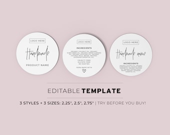 Ingredients Label Template, Round Jar Label, Product Label, Jar Sticker - 3 Sizes + 3 Styles - 2.25"/2.5"/2.75" Printable Editable #050 #043