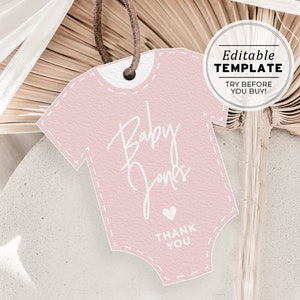 Blush minimalistische baby onesie partij gunst tag sjabloon, aangepaste afdrukbare tag | BEWERKBARE SJABLOON #035