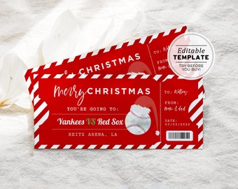 Printable Baseball Game Ticket, Christmas Gift Template, Baseballl Game Surprise, Santa Gift Certificate | EDITABLE TEMPLATE #016 #082