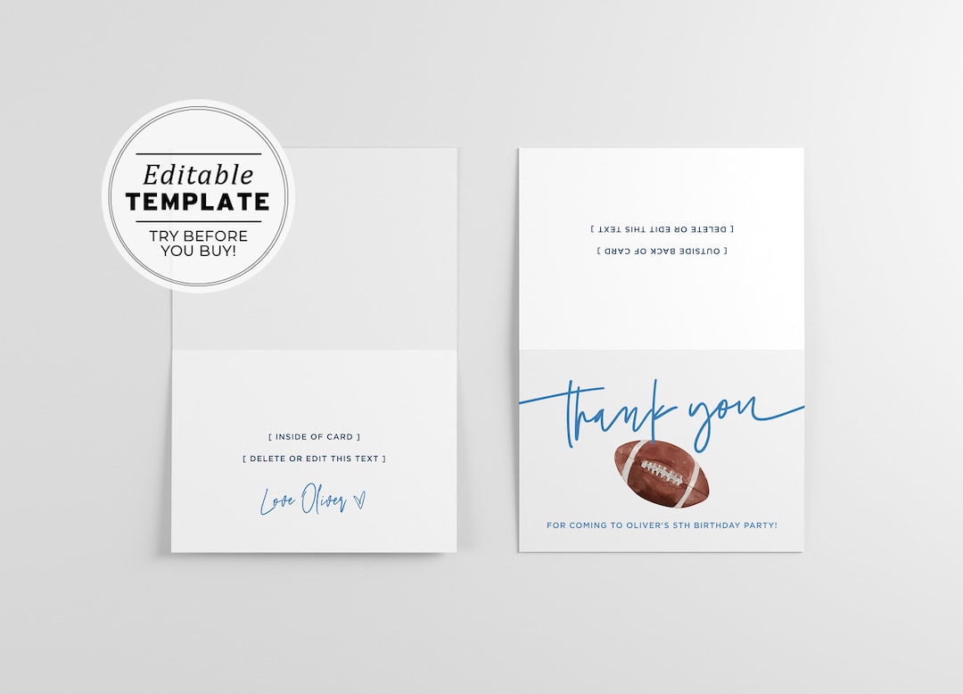 Minimalist Football Theme Thank You Card, Printable | EDITABLE TEMPLATE ...