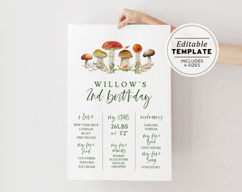 Wild Mushroom First Birthday Milestone Board Template, Minimalist Woodland Theme Birthday Milestone Poster, PRINTABLE EDITABLE TEMPLATE #057