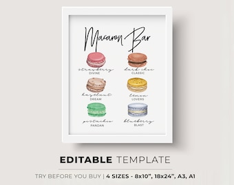 Juliette Minimalist Macaron Bar Sign - Pick from 130+ Watercolour Illustrations, EDITABLE TEMPLATE, Printable #004