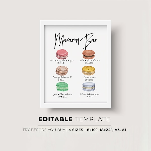 Juliette Minimalist Macaron Bar Sign - Choisissez parmi plus de 130 illustrations à l'aquarelle, MODÈLE MODIFIABLE, Imprimable #004