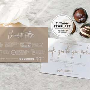 Nue Minimalist Chocolate Truffles Care Card and Thank You Card, Thank You Package Insert EDITABLE TEMPLATE 052 043 image 1