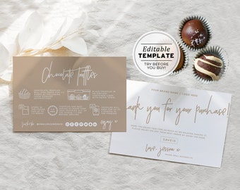 Nue Minimalist Chocolate Truffles Care Card and Thank You Card, Thank You Package Insert | EDITABLE TEMPLATE #052 #043