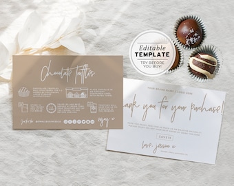 Nue Minimalist Chocolate Truffles Care Card and Thank You Card, Thank You Package Insert | EDITABLE TEMPLATE #052 #043