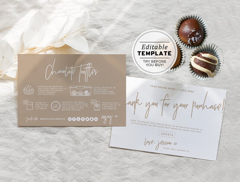 Nue Minimalist Chocolate Truffles Care Card and Thank You Card, Thank You Package Insert EDITABLE TEMPLATE 052 043 image 1