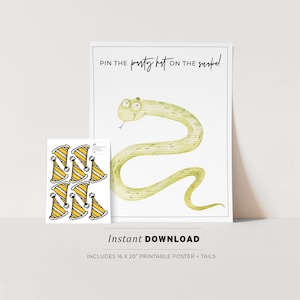 May include: Printable game for a party, featuring a green snake with a yellow party hat on its head. The text "PIN THE party hat ON THE snake!" is at the top of the page. The game includes 8 yellow and black striped party hats to pin on the snake.